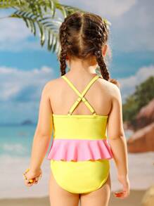 1-Piece Girls Swimsuit, Perfect For Playing In Water, Beach, Pool, Vibrant Colors, Cute Bow, Ruffle Trim, Cartoon Pattern, Soft And Comfortable, Sweet And Adorable, Candy-Like, Soft And Cute, Lovely And Charming, Dreamlike Sweet, Fairy Tale Style, Princess Style, Dreamlike Cute, Lively And Lovely, Mischievous And Lovely, Sweet And Lovely Swimwear - Yellow - View 2