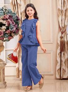 Tween Girls 2pcs Set Elegant Solid Ruffle Hem Camisole & Trousers, Summer,Holiday,Summer, Travel - Blue - View 1