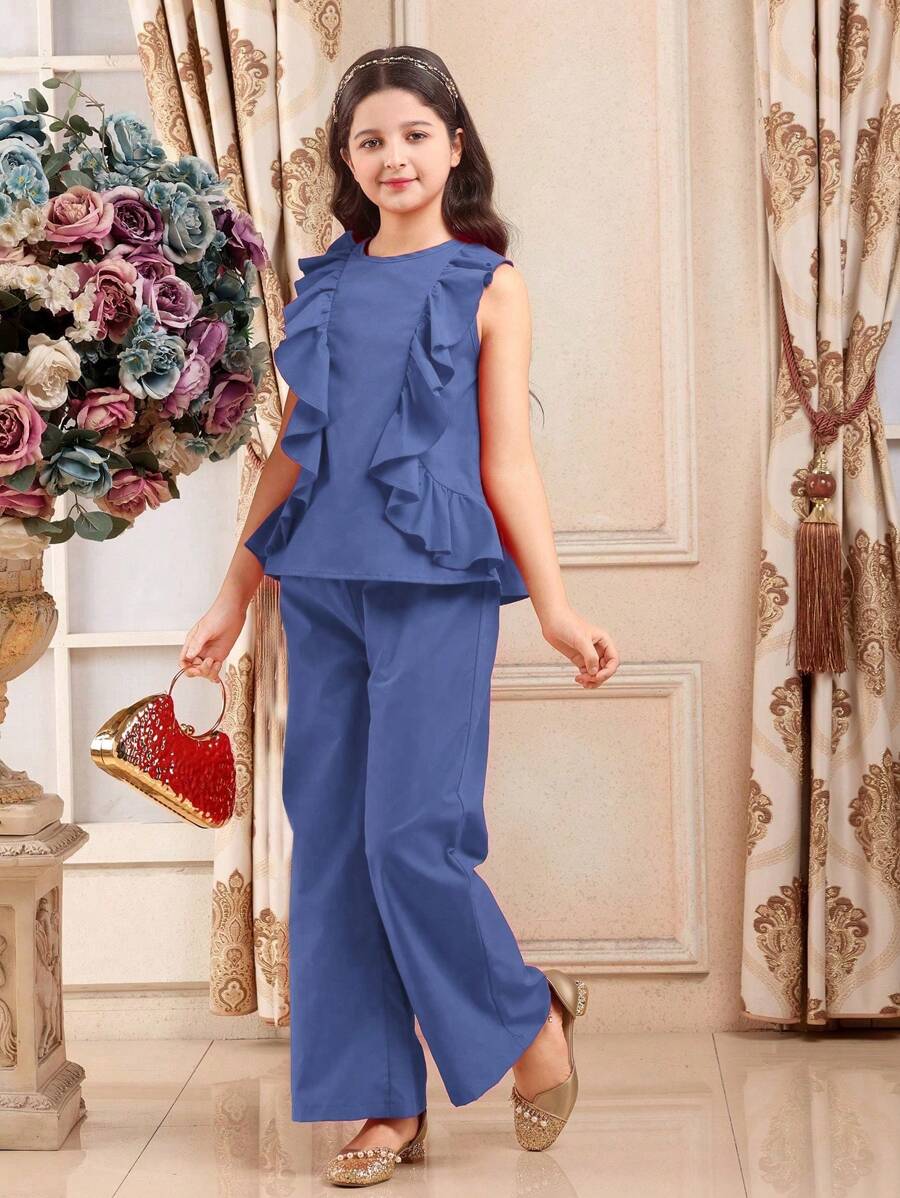 Tween Girls 2pcs Set Elegant Solid Ruffle Hem Camisole & Trousers, Summer,Holiday,Summer, Travel - Blue - View 1
