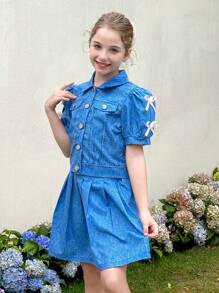 Zestaw dla dziewczynki w kolorze niebieskim, koszula i spódnica plisowana, elegancki strój biurowy z ozdobnym rękawem motylkowym - Niebieski - Zobacz 1