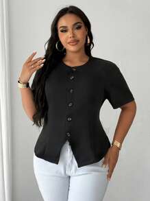 SHEIN Unity Plus Size Women's Solid Color Round Neck Casual Button-Up Shirt - Black - View 2