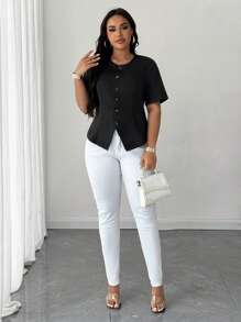 SHEIN Unity Plus Size Women's Solid Color Round Neck Casual Button-Up Shirt - Black - View 4