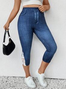 SHEIN Frenchy Pantaloni skinny effetto denim stampato, con dettagli in pizzo a contrasto, taglie forti