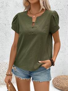 Breezaya Women's Solid Color Button Design Bud Short Sleeve Shirt - Olive Green - View 6