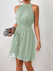 Firerie Damen einfarbiges plissiertes kurzes Trägerkleid, lässiger Urlaubsstil