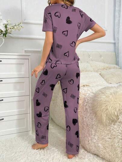 Women Heart Print Round Neck Short Sleeve Shirt Drawstring Pants Sleepwear Pajama Set view 2