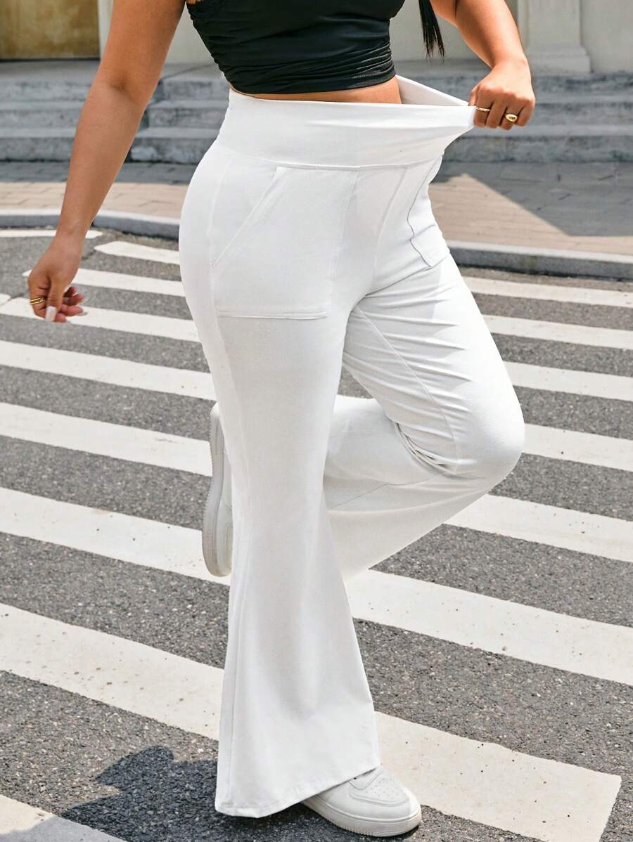 SHEIN EZwear Quần yoga cạp cao ống loe cỡ lớn có túi, màu trơn thường ngày, dành cho mùa xuân và mùa hè - trắng - Xem 1