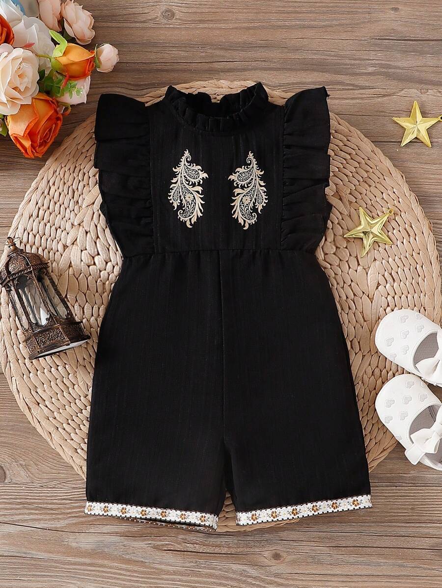 SHEIN رومبير ملائم للرضع والأطفال الصغار بطبعة زهرة الكاجو وغطاء رقبة عالي، بأكمام قصيرة وسحاب مخفي، بحافة محبوكة، مريح وأنيق، مناسب للارتداء داخل المنزل وخارجه في فصول الربيع والصيف والخريف - الأسود - مشاهدة 1