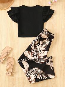 SHEIN 少女罗纹针织纯色上衣，荷叶边饰边，梭织印花阔腿七分裤，两件套服装，适合休闲度假、节日、午餐、旅行