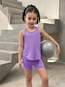 SHEIN 2pcs Young Girl Knitted Solid Color Fitted Tank Top And Shorts Sportswear Set