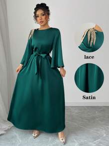 Chiquease Vestido largo de satén suelto con mangas largas, talle ajustado y aplicación floral, estilo árabe abaya, unicolor, elegante, para uso diario, Ramadán