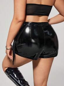 SHEIN ICON Women's Summer Fashionable Sexy Solid Color Low-Waist PU Leather Y2K Black Mini Shorts,Music Festival Fringed Shorts,Western Wear Women