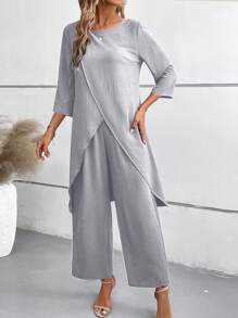 EMERY ROSE 2pcs/Set 3/4 Sleeve Shirt And Elastic Waist Pants - Light Grey - View 4