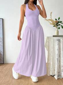 Flirla Váy xếp ly thắt eo gợi cảm cổ chữ V sâu kiểu Pháp - Màu tím hoa cà - Xem 3