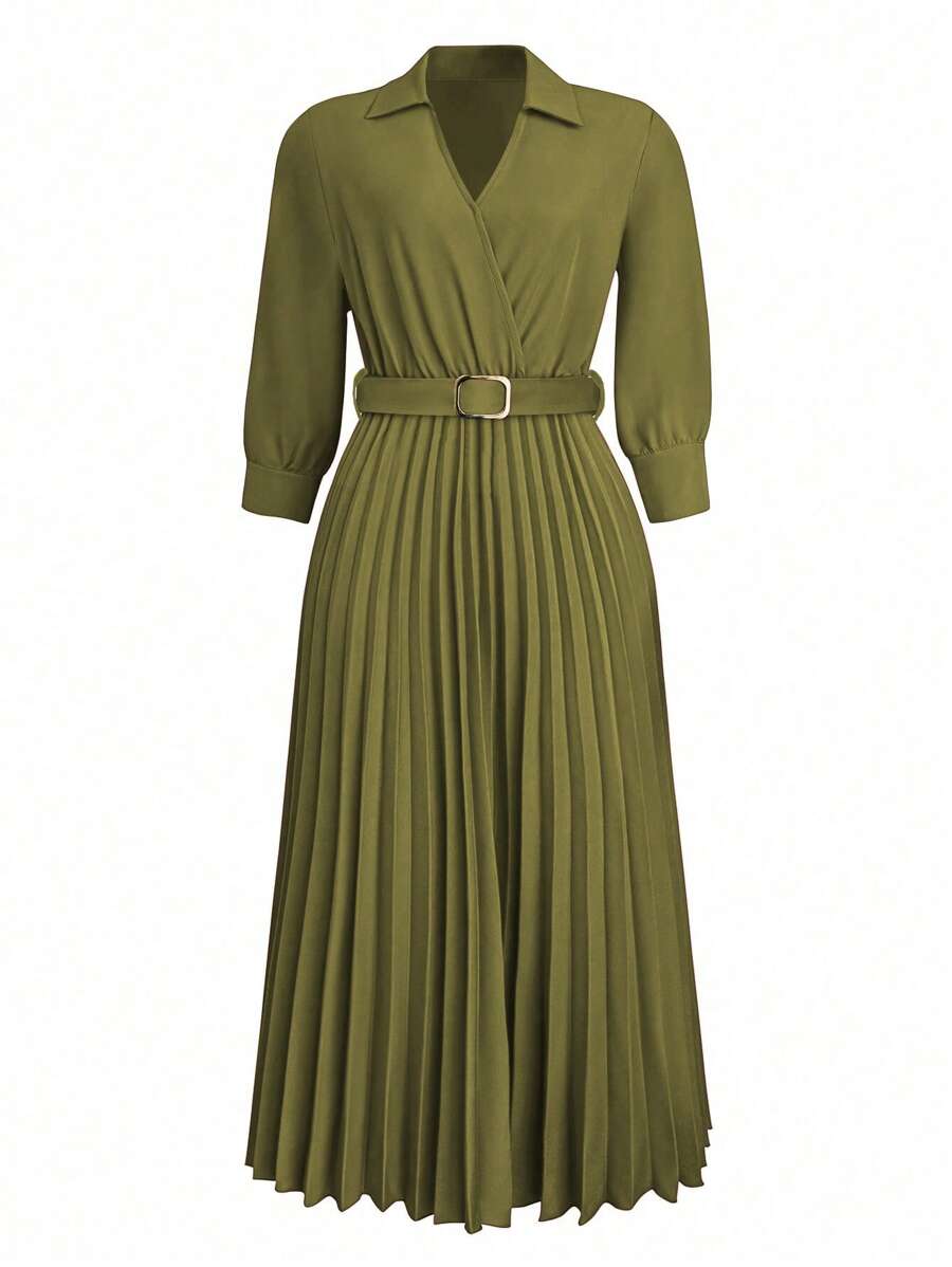 SHEIN Clasi 女士红色百褶领和下摆长裙 - 軍綠色 - 查看 1