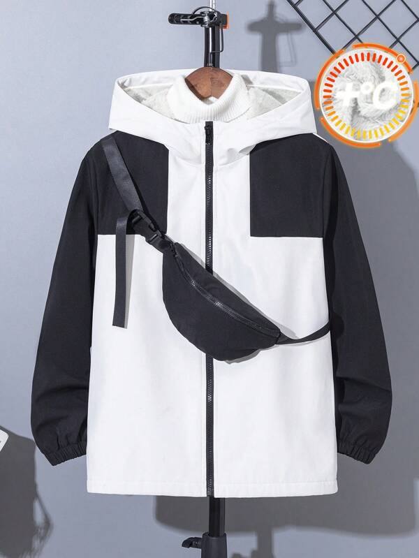 SHEIN 2pcs Set: Teen Boys Casual Color Block Zip-Up Hoodie Jacket & Black Diagonal Messenger Bag, Suitable For Fall/Winter, Warm, School, Home, Daily, Workout, Birthday Party, Outings, All-Match, Minimalist, Thermal Lined