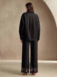 Anewsta 2pcs Set Elegant Lace Patchwork Hollow Out Loose Blouse & Wide Leg Pants For Women, Suitable For Spring, Festival, Holiday, Casual, Vacation - Black - View 7