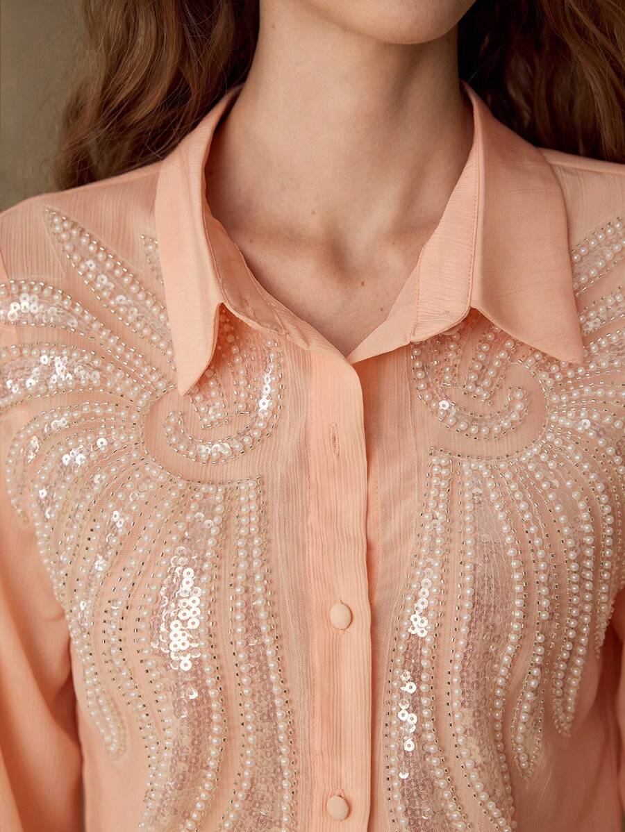 MOTF PREMIUM CAMISA CON DETALLES DE PERLAS FALSAS Y LENTEJUELAS DE CONTRASTE - Rosa - Ver 2