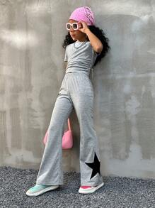 Coolane Kids Tween Girls Spring/Summer Casual Slim Fit Short Sleeve T-Shirt And Star Printed Flared Pants 2pcs/Set