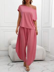 EMERY ROSE 2 pezzi Set da donna elegante e casual, top smanicato a spalla obliqua in maglia e pantaloni palazzo a vita alta con tasche