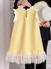 SHEIN Elladie kids Vestido Elegante de Verão com Aplicação de Malha e Laço em Estilo Evasê para Meninas