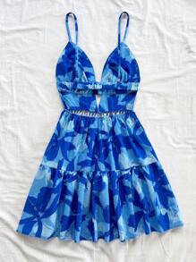 Soleia New Arrival Spring & Summer Casual Vacation Western Beach Wedding Guest Attire Graduation Brunch Women's Dress, St. Patrick's Day Spring Break Easter Music Festival, Elegant Boho Tropical Leaf Print Spaghetti Strap Backless Mini Dress,Summer Dresses For Women - Blue - View 2