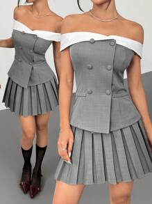 SHEIN EZwear Slimming Business Casual Woman Contrast Color Off Shoulder Double Breasted Blouse And Solid Pleated Mini Skirt - Light Grey - View 2