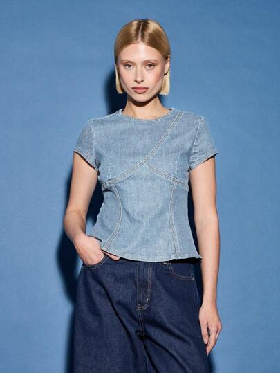 AiiRZ 修身牛仔 T 恤拼接细节紧身胸衣式上衣 Y2K 时尚短款修身夏季春季休闲街头服饰节日时尚个性单品