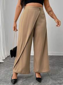 Flirla Plus Size Women's Business Casual Wide Leg Pants With Button Decoration, Suitable For Commuting, Spring/Summer Fall Cloth For Women - Khaki - View 5