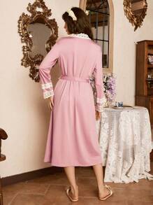 Elegant Long Lace Patchwork Robe, Women's Sleepwear - Pink - View 2
