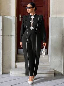 Cravure Tuta intera elegante, con maniche lunghe, collo alla coreana, con patchwork in bianco e nero, di taglie comode, per donna, adatta alla primavera