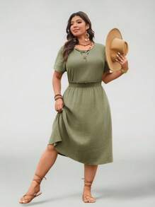 SHEIN LUNE Plus Size Women Casual Solid Color Short Sleeve Top And Skirt Set Summer Outfits For Women 100% Cotton Spring Outfits For Women Summer Clothes - Green - View 6