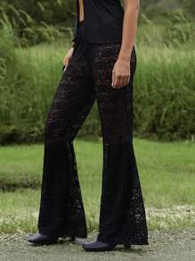 Roylia Women's Summer Music Festival Semi-Sheer Fitted Flare Pants, Vacation Casual Trousers Fall Cloth For Women - Black - View 1