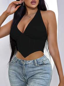 Chiquease Women Solid Color Sexy Halter Neck Backless Crop Tank Top,Fashionable Casual Minimalist Black Sleeveless Deep V-Neck Slim Fit Top,Cute Going Out Top,Bodycon Camis For Holiday/Club/Daily Wear