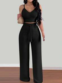 INAWLY 两件套女士碎花吊带背心和松紧腰系带阔腿裤 - 黑色 - 查看 2