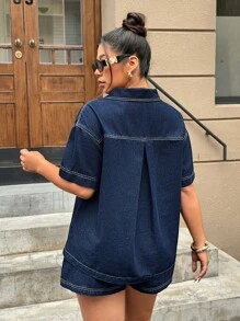 SHEIN ICON Plus Size Mulheres Manga Curta Bolso Casual Denim Jacket