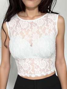 INAWLY Women Lace See-Through Sleeveless Top, Fashionable For Summer - White - View 2