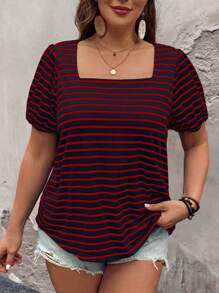 SHEIN LUNE 大码黑白条纹方领短袖皱褶套头 T 恤