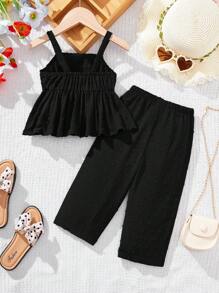 SHEIN LMoss Kids Cute Solid Color Camisole Top And Elastic Waist Pants 2 Pieces Set For Baby Girl, Summer - Black - View 2
