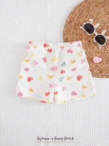 Cozy Pixies Baby Girl Heart Pattern Elastic Waist Casual Shorts, Versatile - Pink - View 1