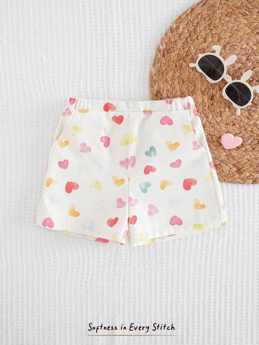 Cozy Pixies Baby Girl Heart Pattern Elastic Waist Casual Shorts, Versatile - Pink - View 1