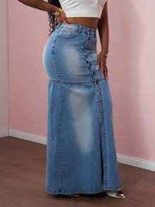 Slaydiva 2025 年夏季新款音乐节、生日派对、毕业典礼、学生日常穿着、休闲装、度假装、邮轮旅行、海滩装、日光浴装、时尚装、街头风格、朋克装、牛仔装、牛仔女孩装、做旧装、荷叶边装、高开衩装、金属纽扣装、前开襟装、修身美人鱼下摆装、牛仔蓝女式牛仔迷你裙 - 藍色 - 查看 3