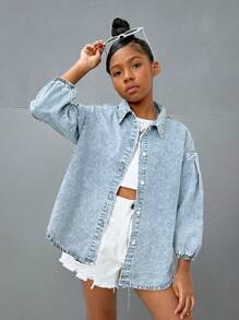 SHEIN Einfarbige Jeansjacke mit langen Ärmeln für Tween-Mädchen, modisch für Frühling und Herbst