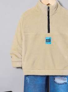 Toddler Boys Casual Comfortable English Printed Zipper Half-Zip Fleece Hoodie And Pattern Knitted Denim Long Pants Set, Fleece, Thickened - Multicolor - View 7