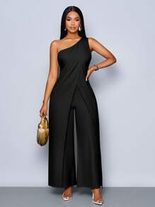 SOLERSUN Women's Spring Summer Fashionable Daily One Shoulder Sleeveless Slit Wide Leg Jumpsuit - Black - View 7