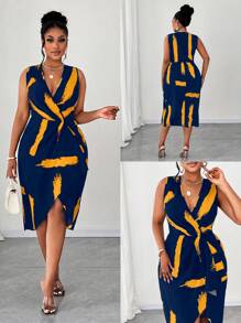 Maweii Plus Size Fashion Print Sleeveless V-Neck Dress - Blue - View 1
