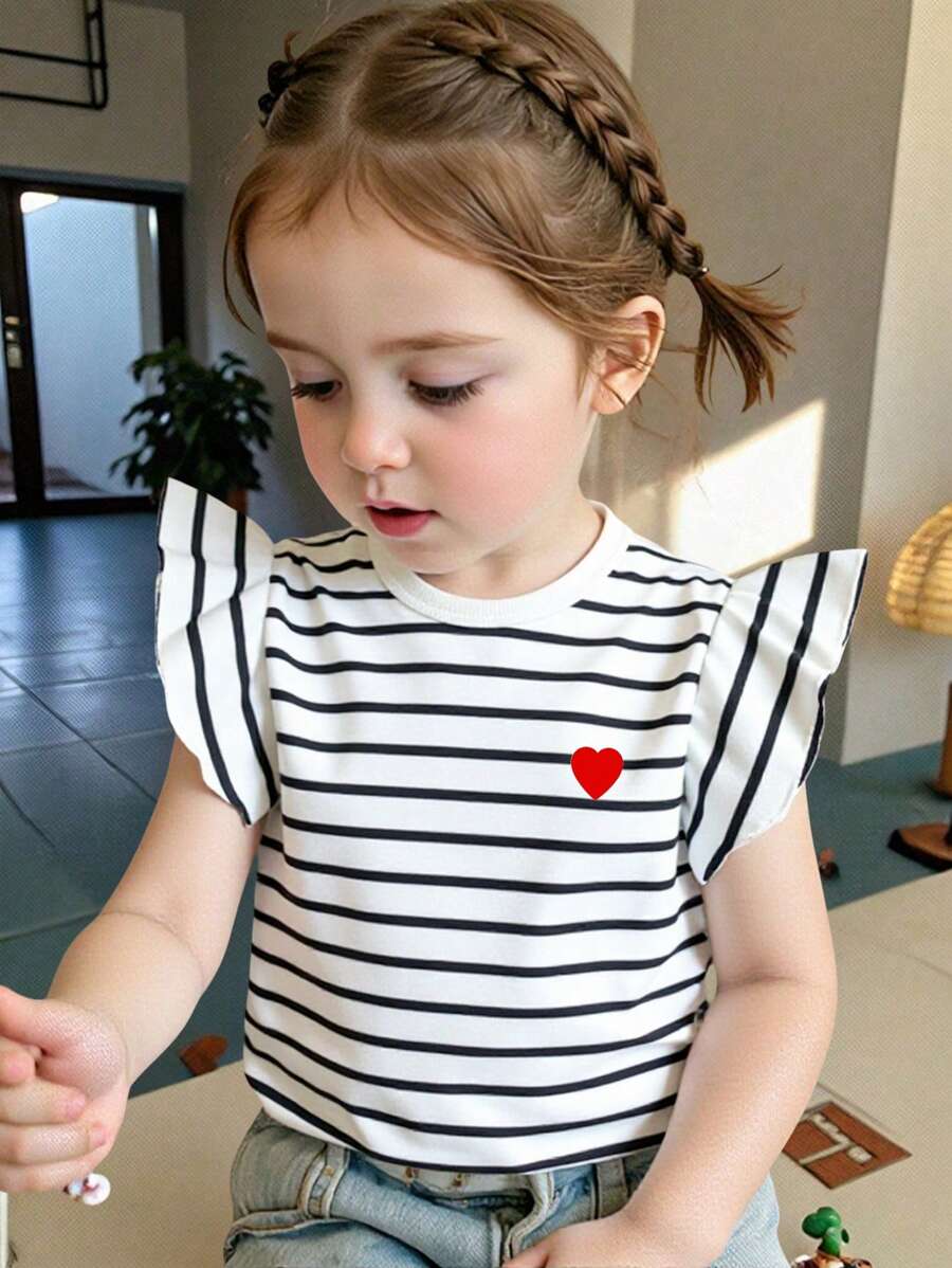 Elladie kids 女婴休闲夏季条纹心形印花盖袖上衣