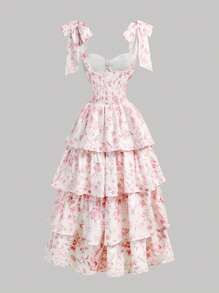 SHEIN MOD 蝴蝶结系带腰部褶皱荷叶边下摆红白花卉印花连衣裙 - 紅色 - 查看 2