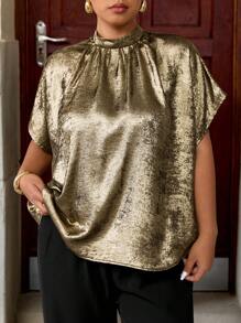 Elenzga Blusa holgada de cuello redondo y mangas asimétricas para mujer talla grande, diseño minimalista