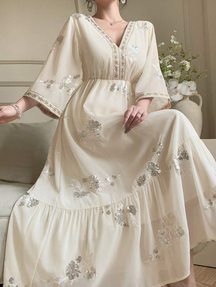 Women's Mid-Length Solid Color Short Sleeve V-Neck Dress, Fashionable For Summer Dress Floral Dresses For Women